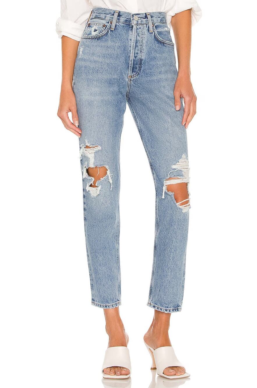 Agolde Fen High Rise Relaxed Taper Distressed Denim Jeans in Wander